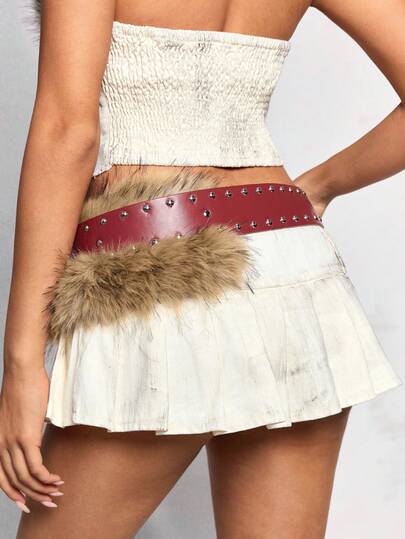 Goth 1 Stück rote Y2K Baddie Punk Stil Metall Nieten Kunstfell Patchwork Mode minimalistische Damen Taillengürtel & Hüftgürtel, geeignet für Streetwear, Nachtclub, Pendeln, Dates, Musikfestivals, Partys usw.