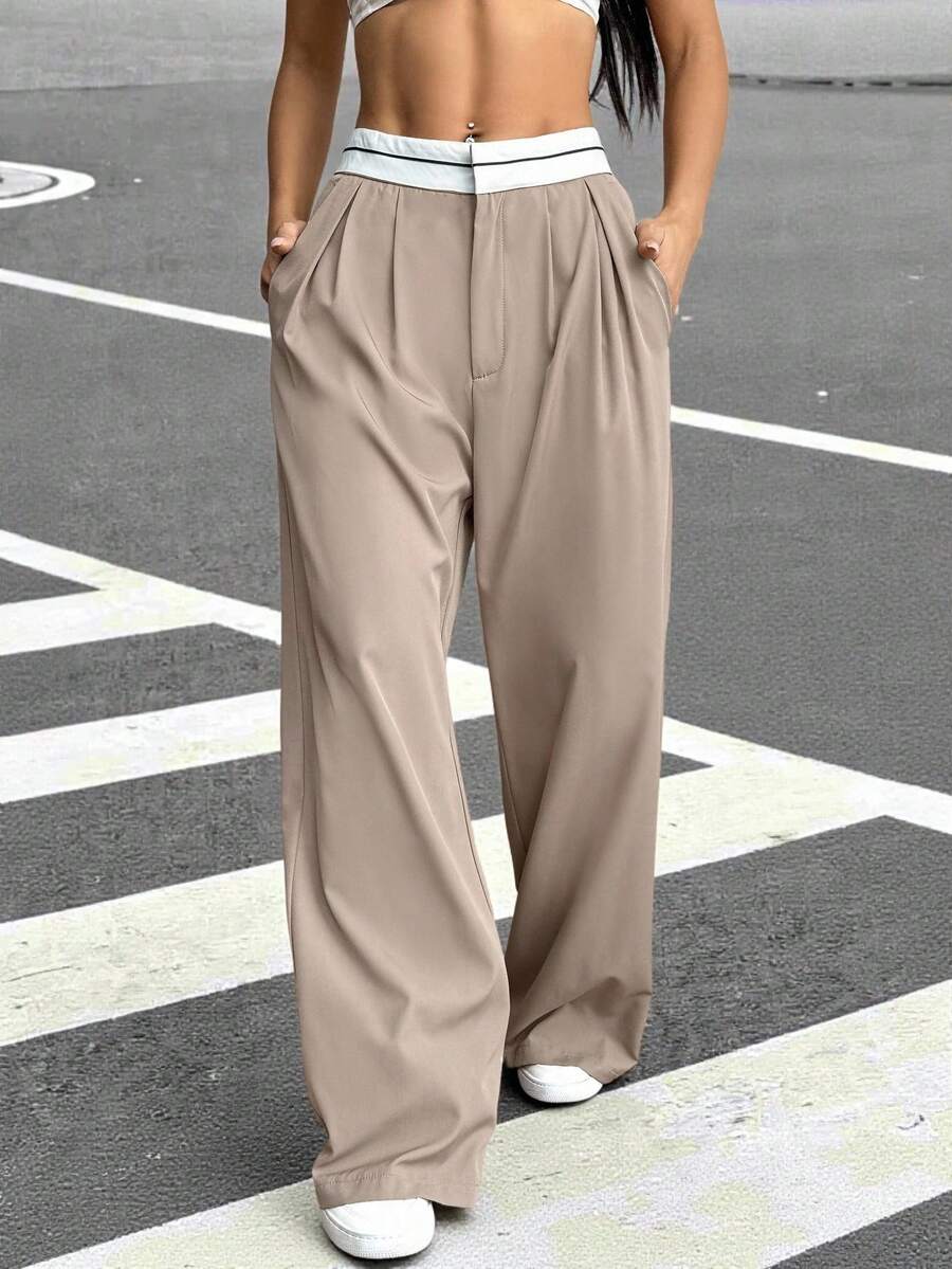 Muchica Contrast Color Pocket Casual Suit Wide-Leg Pants In Fall/Winter - Khaki - View 1