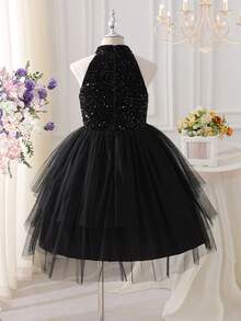 Glamorique Kids Váy dự tiệc lấp lánh màu đen cho bé gái, Váy nhung cao cấp cho sinh nhật, dịp trang trọng - màu đen - Xem 2