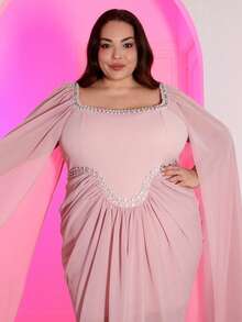Pretty and Ole Plus Size Women's Elegant Romantic Luxurious Banquet Party Wedding Guest Chiffon Lantern Sleeve Round Neck Diamond Decor Flowing Maxi Dress (Random Rhinestone Embellished) - Dusty Pink - View 4
