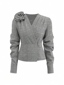 Ellevyn Áo sơ mi nữ dài tay thời trang thanh lịch họa tiết hoa 3D, xếp ly, màu xám, ôm eo, thêu hoa 3D thủ công tinh tế, kiểu dáng mùa xuân mới, áo họa tiết hoa hồng ngày Valentine, áo công sở thanh lịch chuyên nghiệp. - Xám - Xem 4