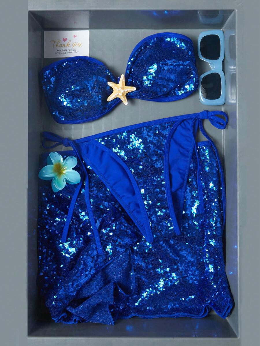 Swim Vcay Bộ đồ bơi 3 mảnh đính sequin không dây vai in hình sao biển kèm chân váy xếp tầng dành cho nữ. - Màu xanh lam - Xem 1