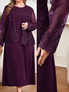 Modelyn Plus Size Elegant Party Solid Color Embroidered Mesh Jacket & Dress 2-Piece Set Fall - Purple - View 1