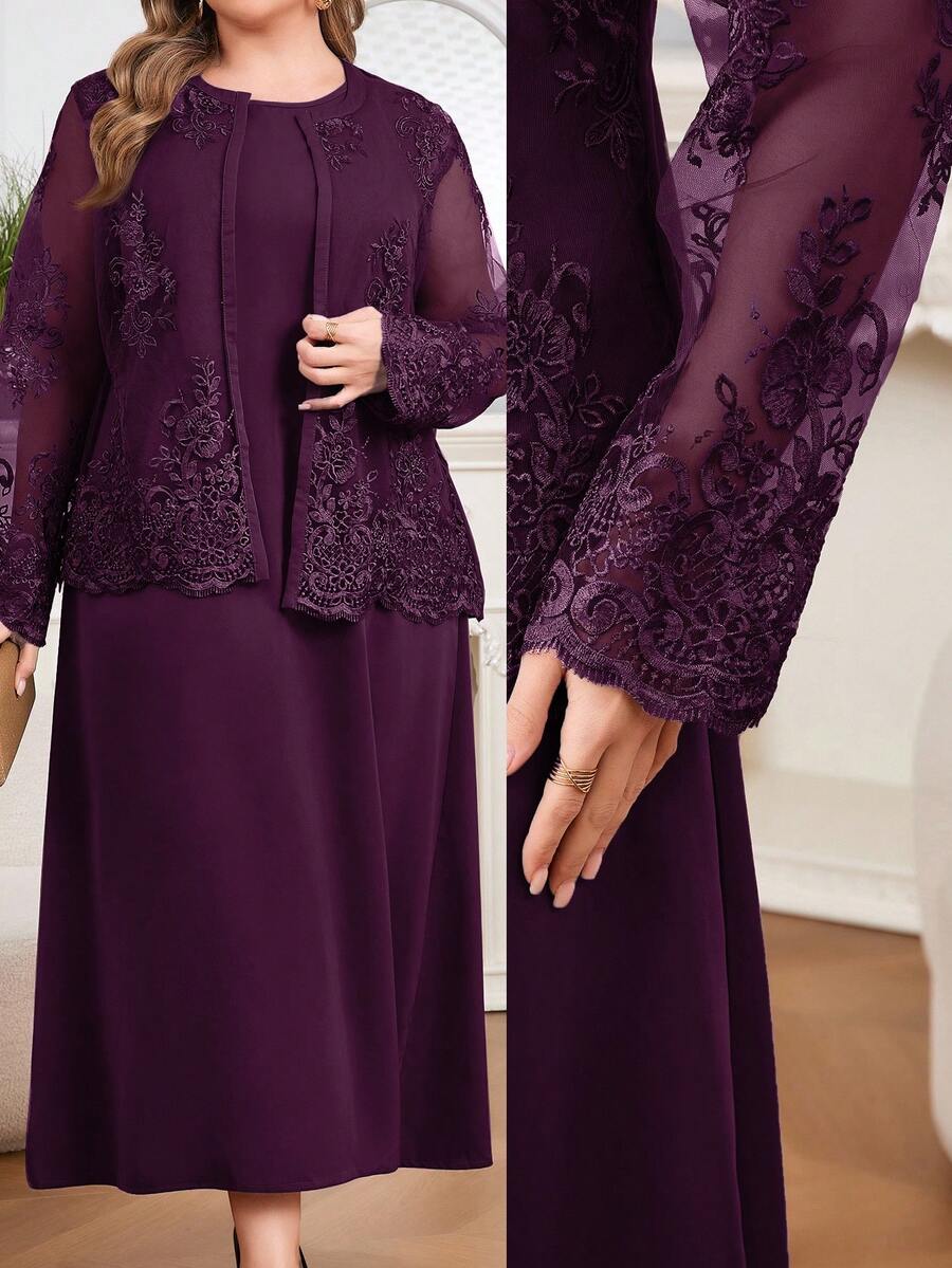 Modelyn Plus Size Elegant Party Solid Color Embroidered Mesh Jacket & Dress 2-Piece Set Fall - Purple - View 1