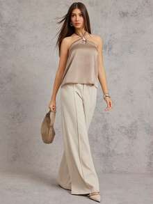 L'Amorae 大型树脂金边装饰缎面基本款上衣 - 駝色 - 查看 3