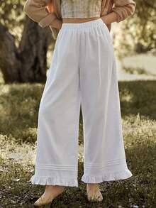 WESTFADE Linen Blend Elastic Waist Pintuck Ruffle Hem Loose Fit Wide Leg Pants,White,Autumn,,Picnic,Holiday,Casual Cute Western Wear Boho Winter NYE - White - View 2