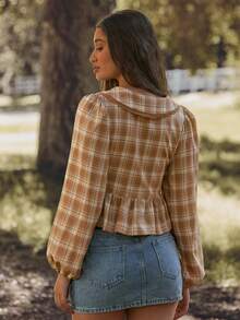 WESTFADE Plaid Woven V Neck Ruffle Collar Button Front Tie Long Puff Sleeve Peplum Top Fall, Autumn, Winter, Casual, Cute, Western Wear, Boho, Christmas, New Years, NYE, Holiday