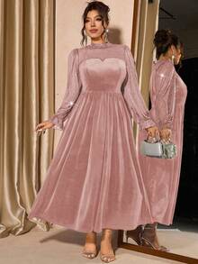 Cravure 大码女式网纱天鹅绒优雅泡泡袖连衣裙，收腰设计，适合派对穿着 - 粉色 - 查看 4