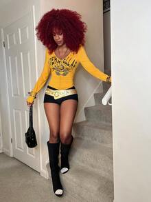 StreetHx 女士Y2K街头服饰，哥特风图案T恤，修身长袖T恤，秋冬款 - 黃色 - 查看 6