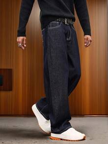 Manfinity Hypemode Letter Print Pocket Loose Wide Leg Casual Jeans Street Hang Out Going Out College - Dark Wash - View 4