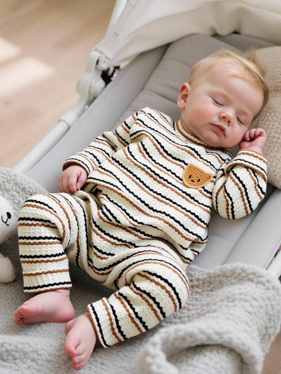 SHEIN Toddler Boys' Round Neck Long Sleeve Bear Graphic Striped Knit Casual Outfit, Spring/Autumn - Multicolor - View 1