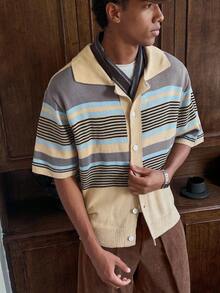 SWAVVY Suéter de manga corta de hombre de talla estándar con bloques de color tejidos - Multicolor - Ver 3