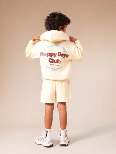 SUMWON Boys Happy Days Club Hoodie And Shorts Set Hood Centre Pocket Casual Wear Coordinated Outfit