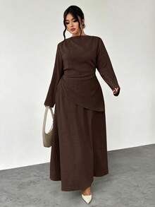 Firerie Elegantes Lässig-Outfit, Große Größen: Langarm-Bluse mit asymmetrischer geraffter Taille und schlankem Schnitt + A-Linien-Rock mit geflustertem Saum, 2-teiliges Set, geeignet für Frühling, Sommer, Herbst, Winter - Kaffeebraun - Übersicht 7