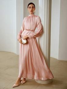 ZEYLAH Satin Ribbon Collar Long Sleeve Dress, Romantic For Valentine's Day, Spring/Summer - Pink - View 5