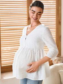 SHEIN Maternity V-Neck 3/4 Sleeve Shirt With Single-Breasted Embroidered Floral Design Cotton Maternity Clothes Maternity White Dress Maternity Sets Summer Maternity Clothes For Photoshoot Maternity Clothes Two Piece Suits,Maternity Clothes - White - View 3