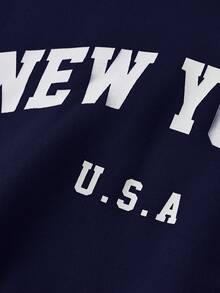 SHEIN Set de 2 piezas de sudadera y pantalón de chándal con estampado de letras de manga larga y cuello redondo para adolescentes - Azul Marino - Ver 5