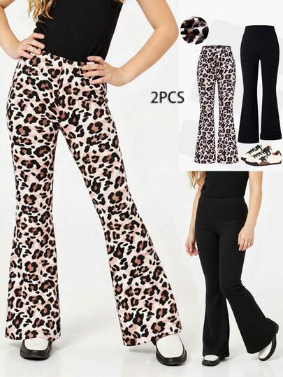 JNSQ 2pcs Tween Girls Thick Fleece Leopard Print Flare Yoga Pants, Slim Fit, Suitable For Autumn/Winter Daily Wear, Outdoor Activities, Vacation, Street Style, Party, Casual