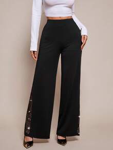 SHEIN PETITE Ladies Elegant Mesh & Glitter Splice Black Slim Straight Leg Pants, Fit For Commuting, Casual And Daily Wear, Spring/Summer - Black - View 4