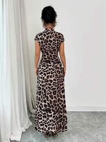 Rafferiza Vestido abotonado de manga corta con cuello, cintura ceñida y estampado de leopardo elegante para mujer - Óxido marrón - Ver 2