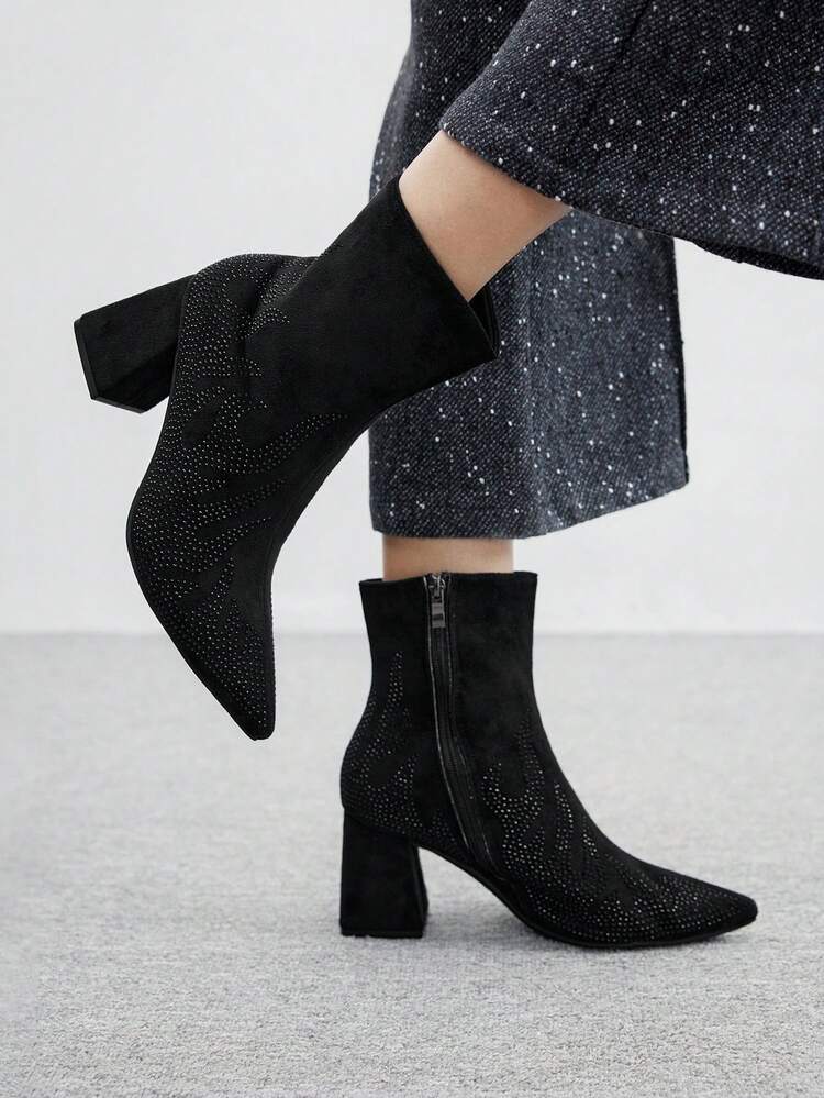 CUCCOO BIZCHIC Women's Fashion Versatile Commuting Rhinestone Embellished Chunky Heel Ankle Boots For Christmas