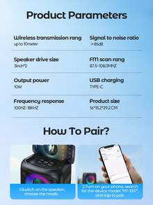 Teckwe Wireless Speakers Boombox With Deep Bass, Portable Loud Stereo Sound Subwoofer With LED Light Show For Party, Outdoor,Camping Party Disco Light - Black - View 8