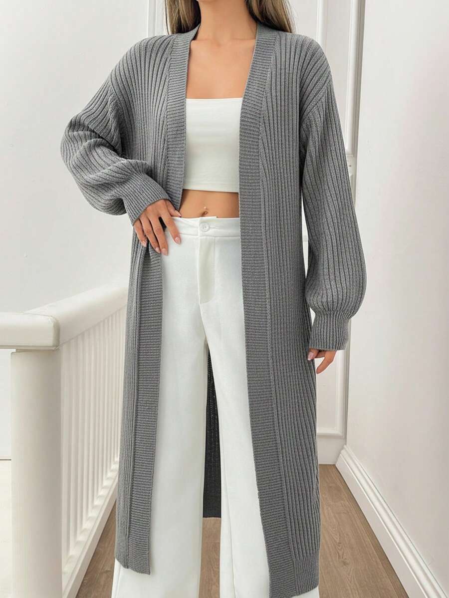SHEIN Tall Tall Women Casual Solid Black Rib Knit Long Cardigan - Grey - View 1