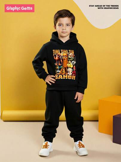 GraphicGems 2pcs/Set Young Boy Cartoon Character & Mythical Creature Graphic Print Casual Hoodie Sweatshirt And Pants Set, Autumn/Winter Kids Street Wear Kids Sweatsuit Toddler Casual Outfit Boys Sweat Suit Toddler Streetwear