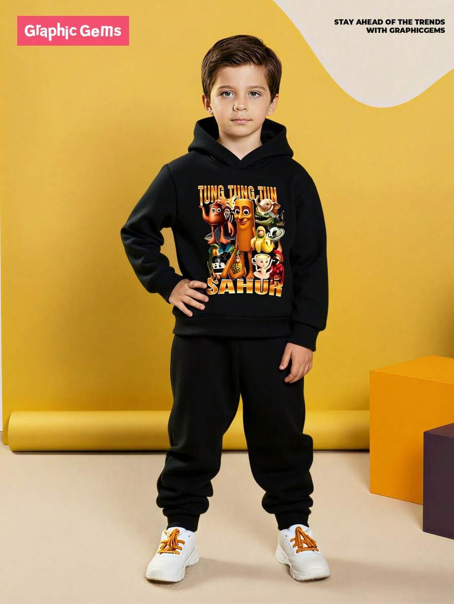 GraphicGems 2 件套年轻男孩卡通人物与神话生物图案印花休闲连帽衫和裤子套装，秋冬 - 黑色 - 查看 1
