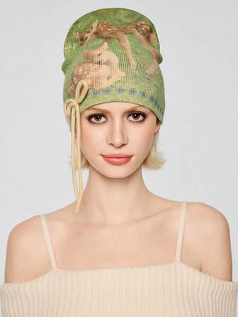 Fairycore 1 Stück grüne doppelseitig bedruckte Hirsch- & Blumenmuster Schleife Strick Kapuzenmütze, modernes minimalistisches Design vielseitige Damen Beanie, geeignet für Alltag, Schule, Party, Einkaufsoutfits