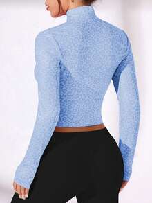SHEIN Sovereign Charm 女士豹纹拉链长袖修身休闲户外运动夹克 - 藍色 - 查看 2