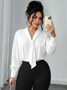 Elenzga Plus Size Women's Solid Color Tie Neck Design Long Sleeve Elegant Office Shirt, Autumn Fall Cloth For Women