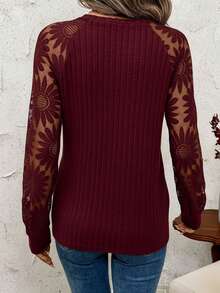 SHEIN Clasi Women's Casual Burgundy Rib-Knit Round Neck Top With Sheer Floral Raglan Long Sleeves - Burgundy - View 2