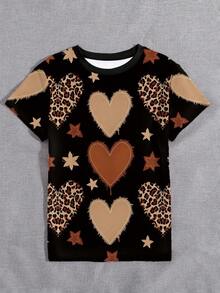 Women's Colorblock Leopard Heart Pattern Casual Round Neck Short Sleeve T-Shirt, Comfortable For Daily Wear - Multicolor - View 5