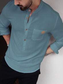 Manfinity Homme Camisa casual de manga larga de color azul sólido para hombre, para el otoño - Azul - Ver 5
