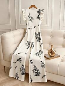 GlowEve CURVE Plus Size Elegant Floral Print Jumpsuit For Commuting - Apricot - View 2