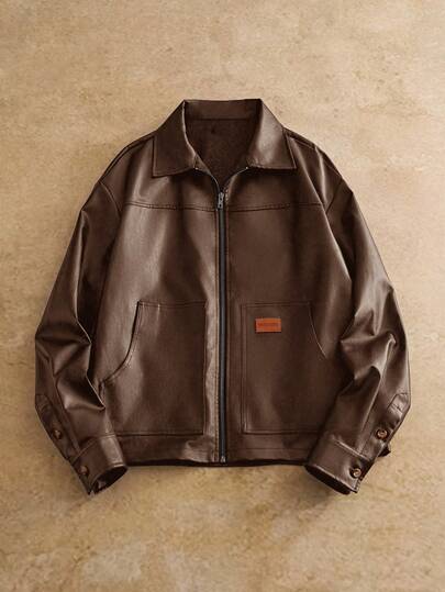 HIMLAND Chaqueta casual de hombre con cuello de piel de PU tejida, adecuada para uso diario