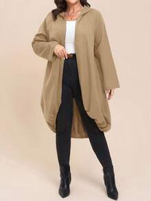 SHEIN LUNE 秋冬季大码休闲纯色连帽外套 - 卡其色 - 查看 13