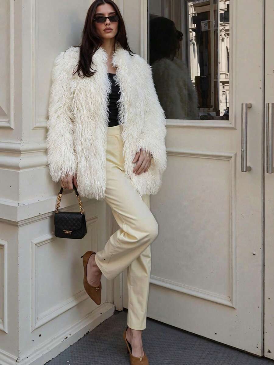 SHEIN Glamour Áo khoác len lông cừu dài tay rộng rãi thời trang cho nữ, màu trơn, mùa thu/đông - Kem - Xem 1