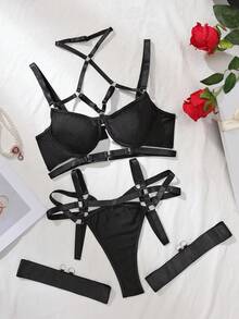 AltCore Women's Punk Ring Linked Underwire Garter Lingerie Set - Black - View 7