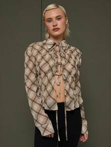 COUREZ Long Sleeve Top With Front Ties In Check /Y2K Spring Going Out Tops For Women Party Tops Summer Tops Top Elegant Streetwear Brown Tops Festivals - Brown - View 6