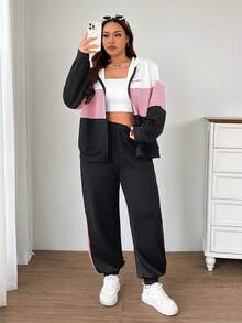 SHEIN EZwear 两件套加大码运动休闲撞色标语印花卫衣外套+运动裤套装，秋冬款 - 彩色 - 查看 4