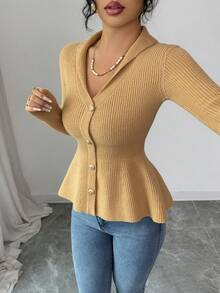 Selianne 优雅精致的仿开衫深蓝色长袖毛衣，秋冬 - 卡其色 - 查看 4