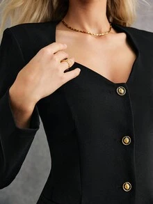 Poéselle 两件套黑色西装，两件套服装，黑色西装外套，黑色短裤，2件女士纯色前扣长袖上衣和短裤休闲套装，金属扣装饰西装外套，立体剪裁，老款风格，警笛办公室，收腰设计，适合日常、街头、通勤、宴会、客装、派对等场合穿着 - 黑色 - 查看 5