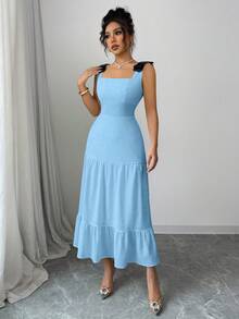 Selianne Colorblock Bow Strap Embroidered Knit Beach Vacation Party Dress - Blue - View 6