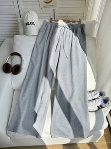 Comfortcana Plus Size Women Drawstring Waist Summer Contrast Lace Pants - Grey - View 4