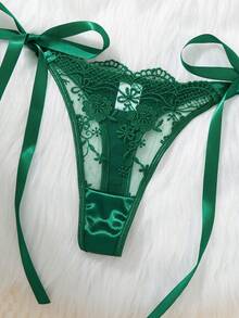 SHEIN 2pcs Women's Burgundy Romantic Embroidery Lace-Up Thong Lingerie Set - Green - View 4