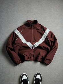Manfinity Roghcode Men's Stand Collar Contrast Color Zip-Up Jacket Race Car Jacket Wind Breaker Windbreaker Y2k Jacket Cropped Jacket - Burgundy - View 3