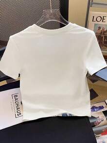 Resyla Kaos Crop Top Longgar Berkerah Bulat Bermotif Bunga Kasual Lucu Modis Gaya Y2K - Putih - View 2