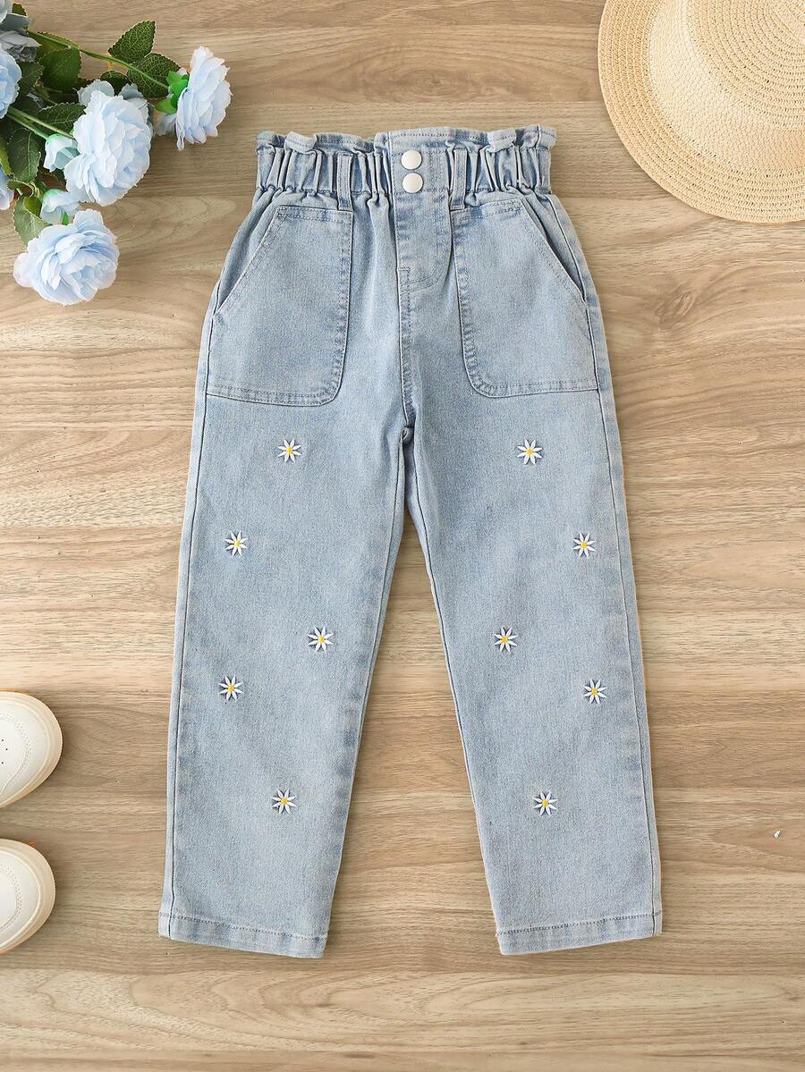 Young Girls Jeans, Tapered Leg Denim Pants, Light Wash Floral Embroidered Waistband, Cute Daisy Embroidery, Casual Loose Fit, Elastic Waist, Suitable For School, Party, Daily Wear, Travel, Autumn - Light Wash - View 1